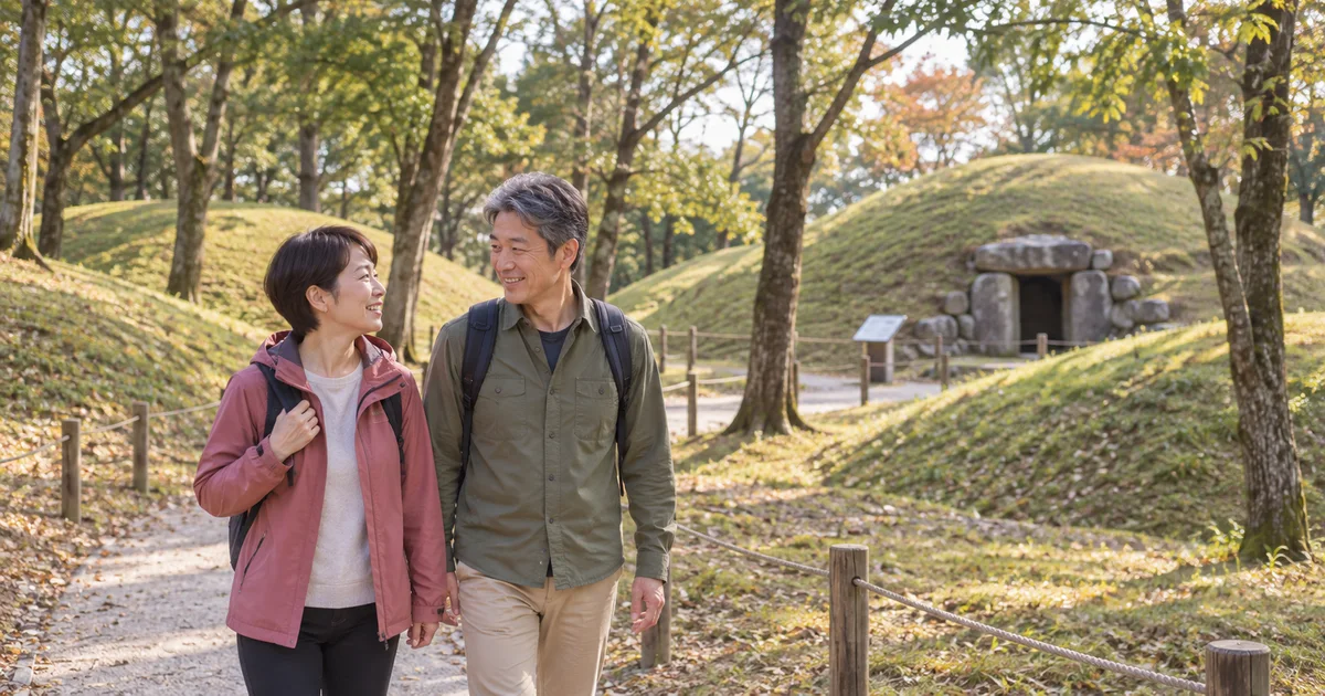 大枝山古墳群でデートを楽しむふたりをイメージしたAI画像