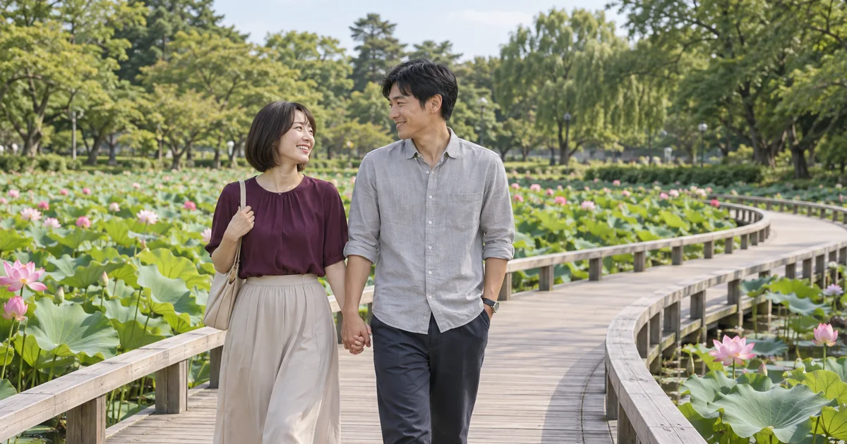 千秋公園でデートを楽しむふたりをイメージしたAI画像