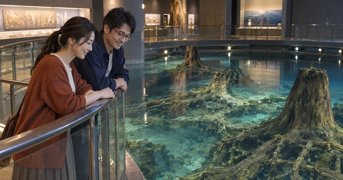 魚津埋没林博物館でデートを楽しむふたりをイメージしたAI画像