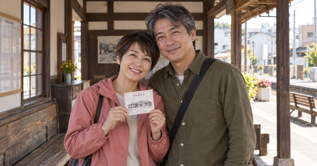枕崎駅でデートを楽しむふたりをイメージしたAI画像