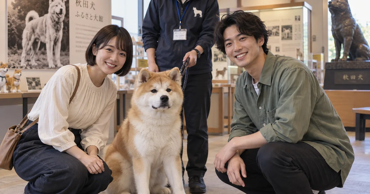 秋田犬会館でデートを楽しむふたりをイメージしたAI画像