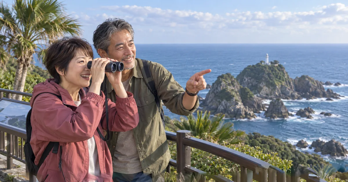 佐多岬でデートを楽しむふたりをイメージしたAI画像
