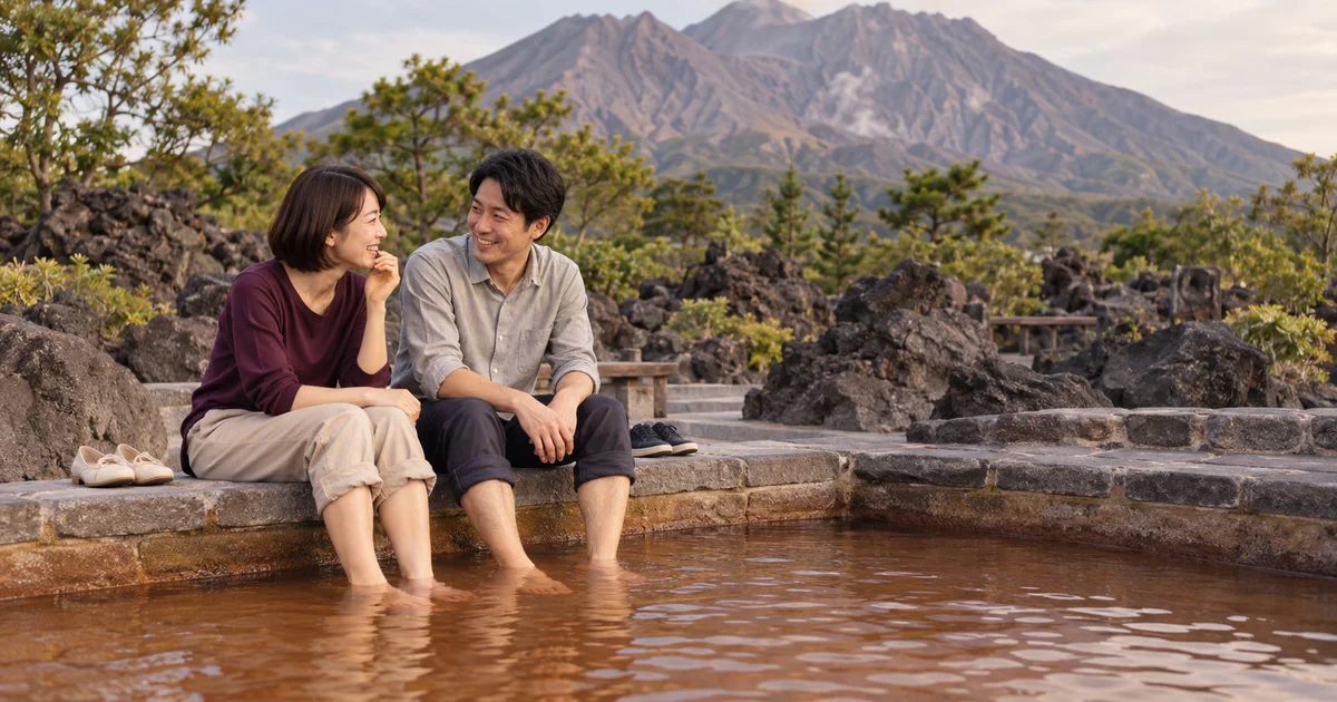 桜島でデートを楽しむふたりをイメージしたAI画像
