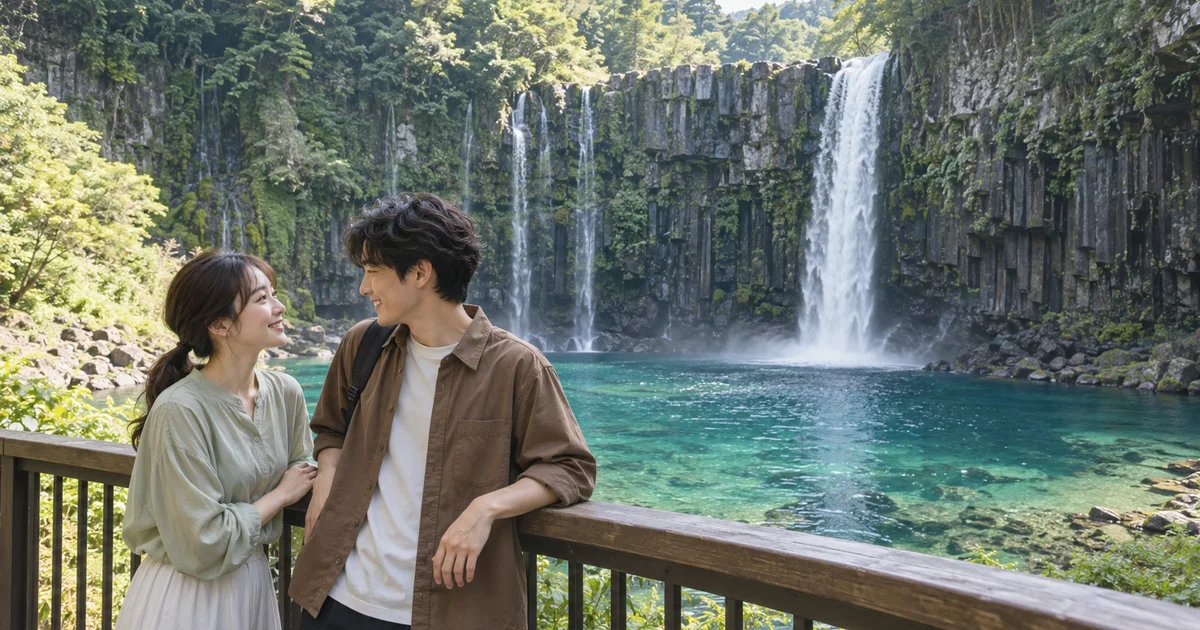 雄川の滝でデートを楽しむふたりをイメージしたAI画像