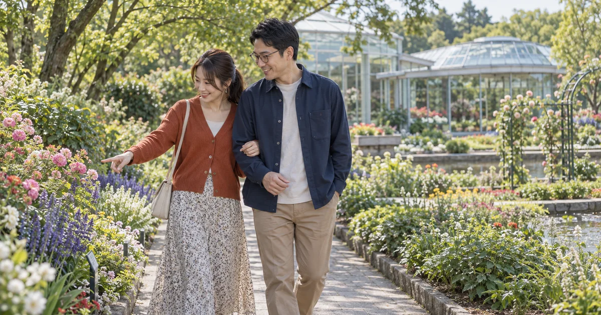名城公園フラワープラザでデートを楽しむふたりをイメージしたAI画像