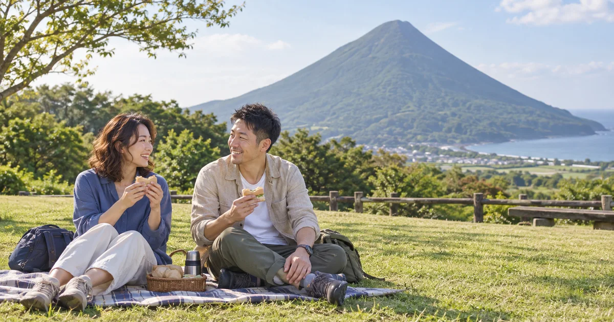 開聞岳でデートを楽しむふたりをイメージしたAI画像