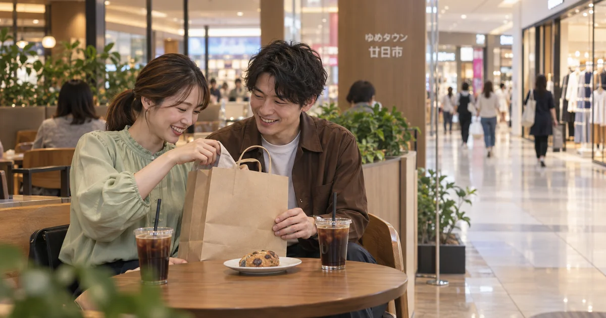 ゆめタウン廿日市でデートを楽しむふたりをイメージしたAI画像