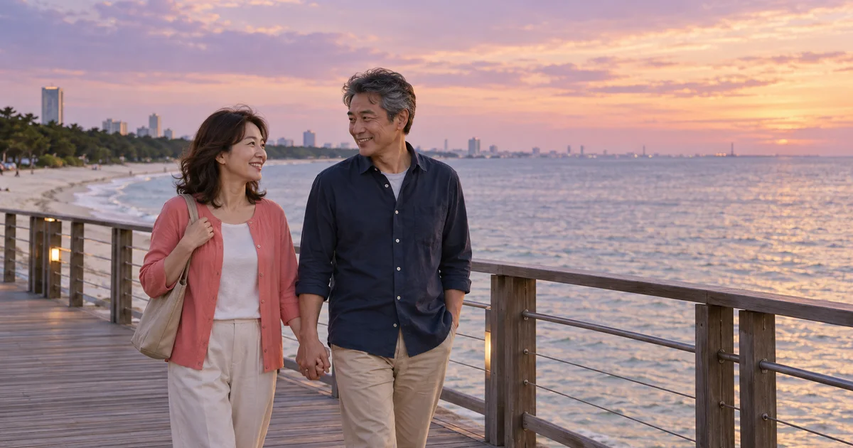 稲毛海浜公園でデートを楽しむふたりをイメージしたAI画像