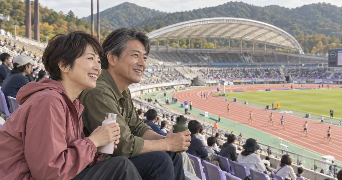 旧エディオンスタジアム広島（現ホットスタッフフィールド広島）で観戦を楽しむふたりのAIイメージ