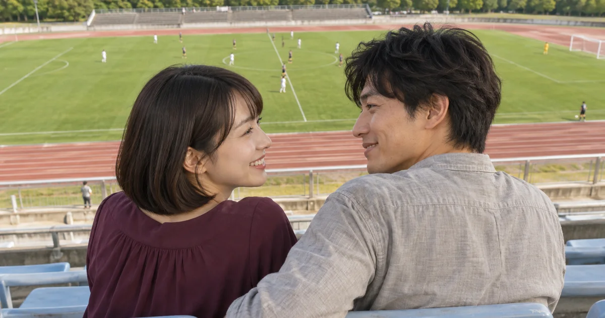 福山通運ローズスタジアムでデートを楽しむふたりをイメージしたAI画像