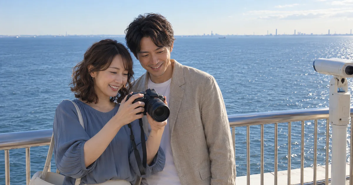 海ほたるパーキングエリアでデートを楽しむふたりをイメージしたAI画像