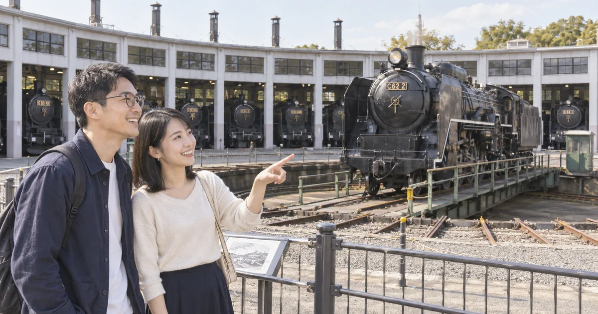 京都鉄道博物館でデートを楽しむふたりをイメージしたAI画像