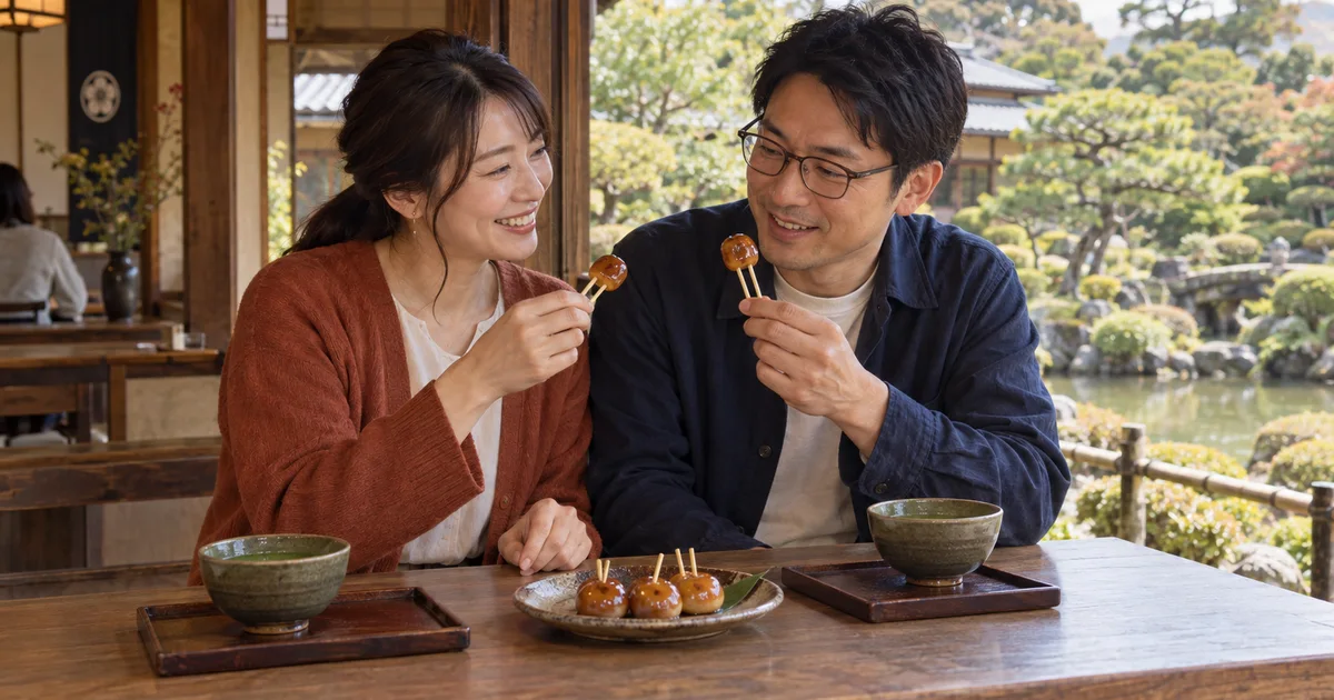 仙巌園でデートを楽しむふたりをイメージしたAI画像