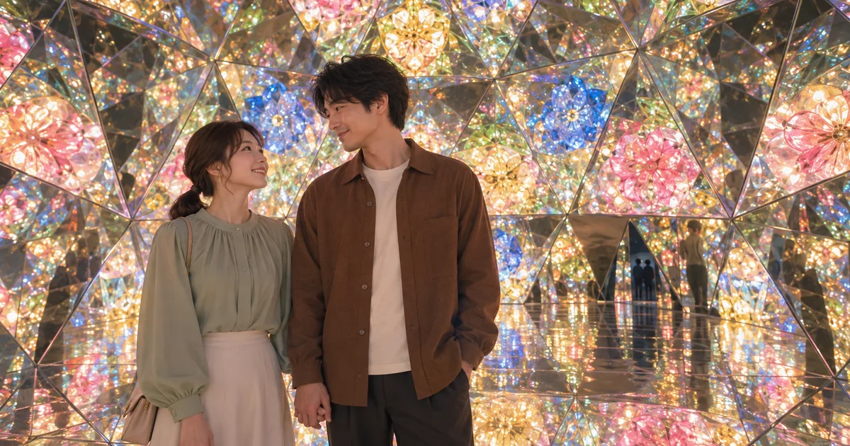 三河工芸ガラス美術館でデートを楽しむふたりをイメージしたAI画像