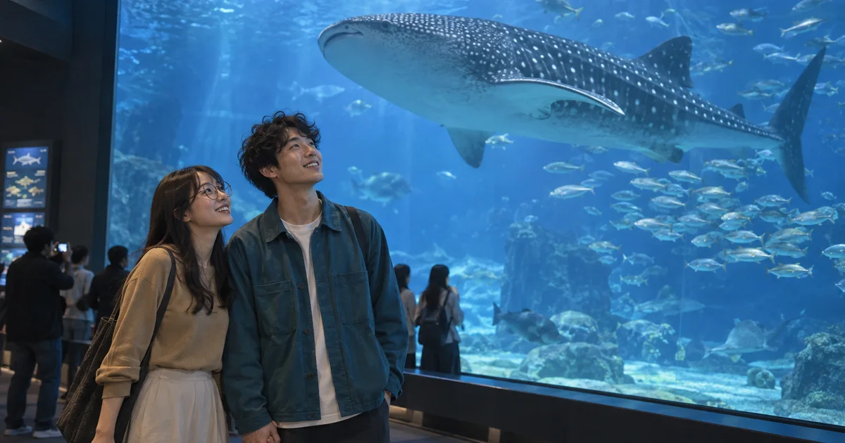 いおワールドかごしま水族館でデートを楽しむふたりをイメージしたAI画像