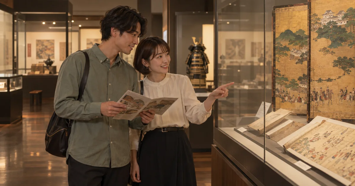 名古屋市博物館の歴史展示をイメージしたふたりの鑑賞風景（AI生成）