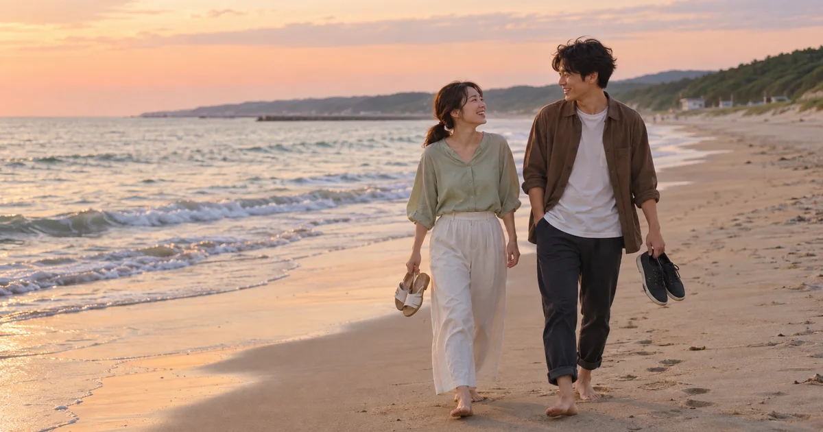 下浜海水浴場でデートを楽しむふたりをイメージしたAI画像