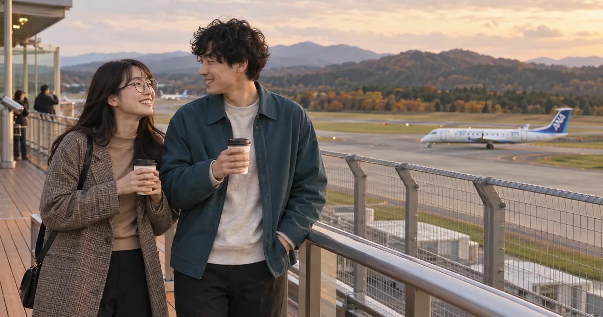 秋田空港でデートを楽しむふたりをイメージしたAI画像