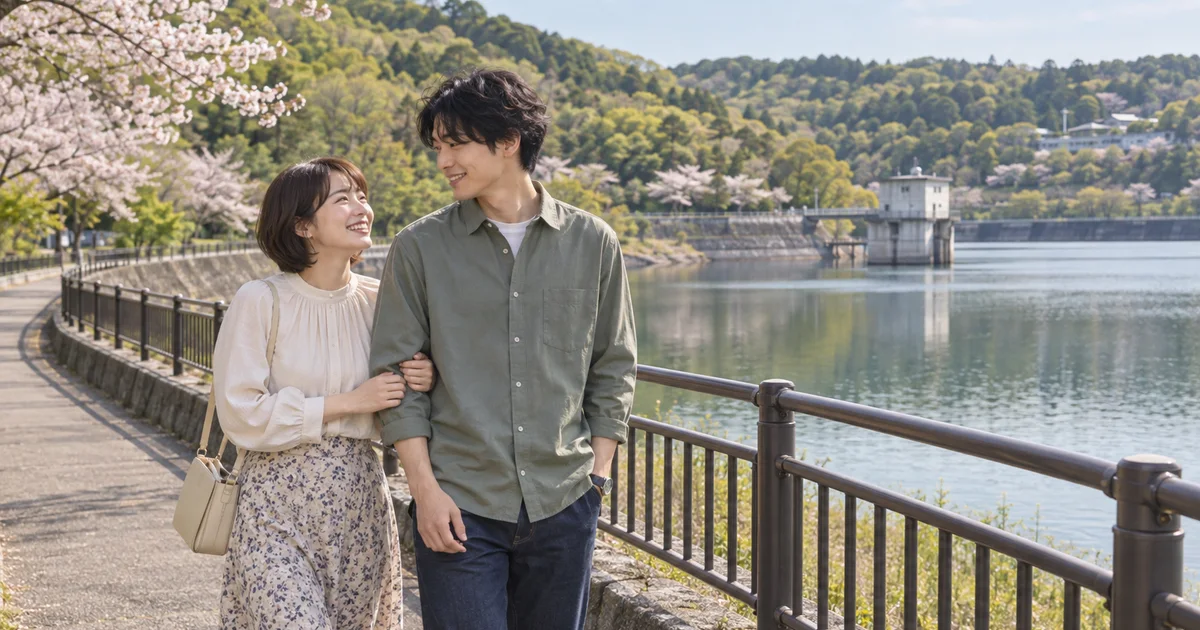 楮川ダムでデートを楽しむふたりをイメージしたAI画像