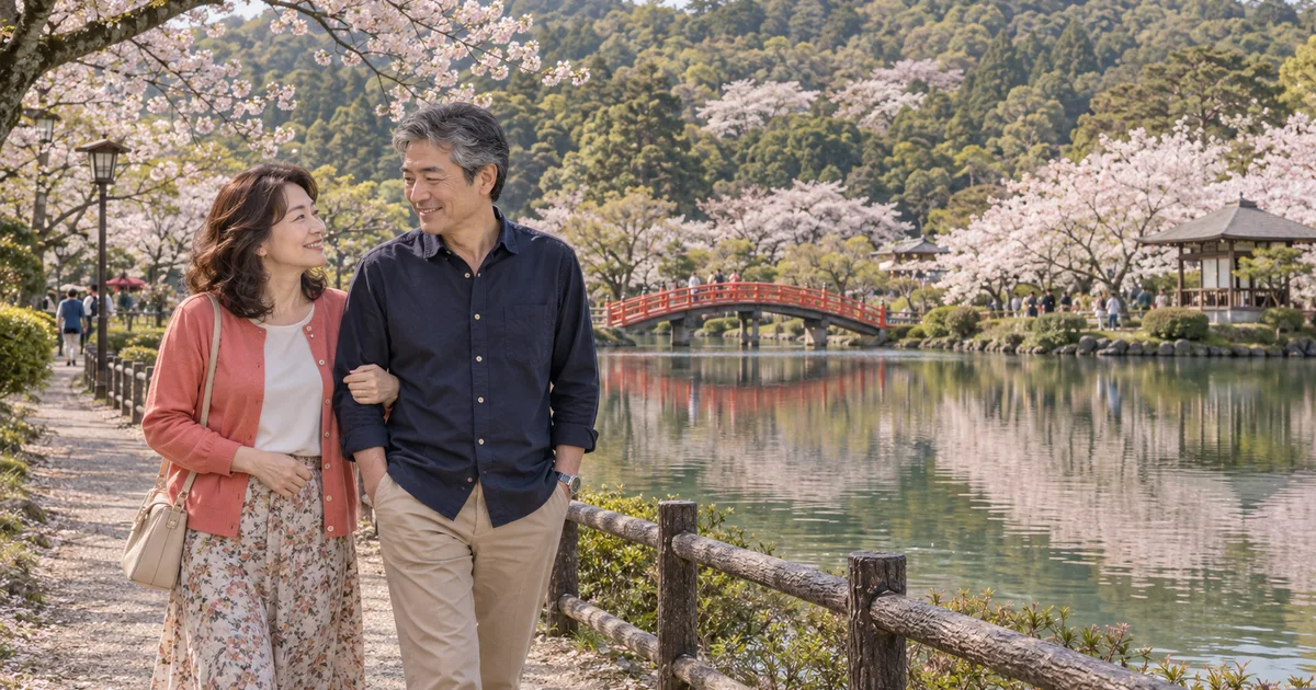打吹公園でデートを楽しむふたりをイメージしたAI画像