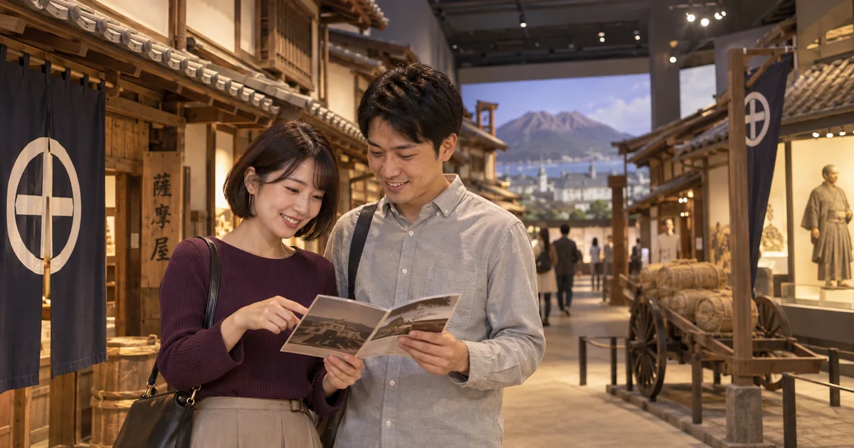 維新ふるさと館でデートを楽しむふたりをイメージしたAI画像