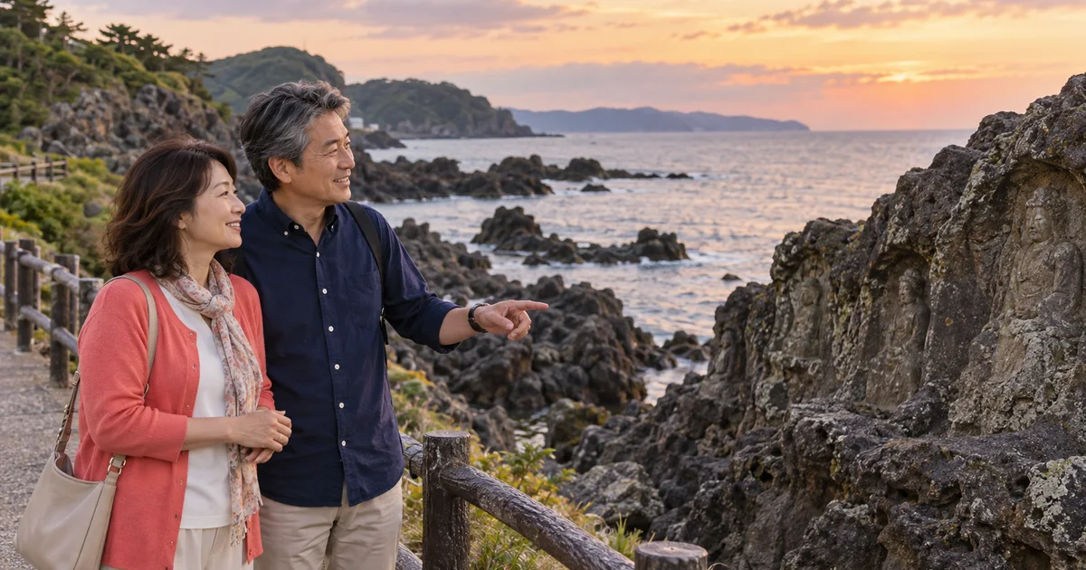 十六羅漢岩でデートを楽しむふたりをイメージしたAI画像