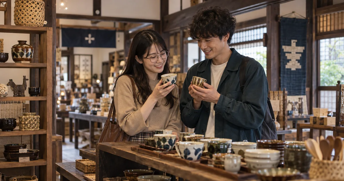 鳥取民藝美術館でデートを楽しむふたりをイメージしたAI画像