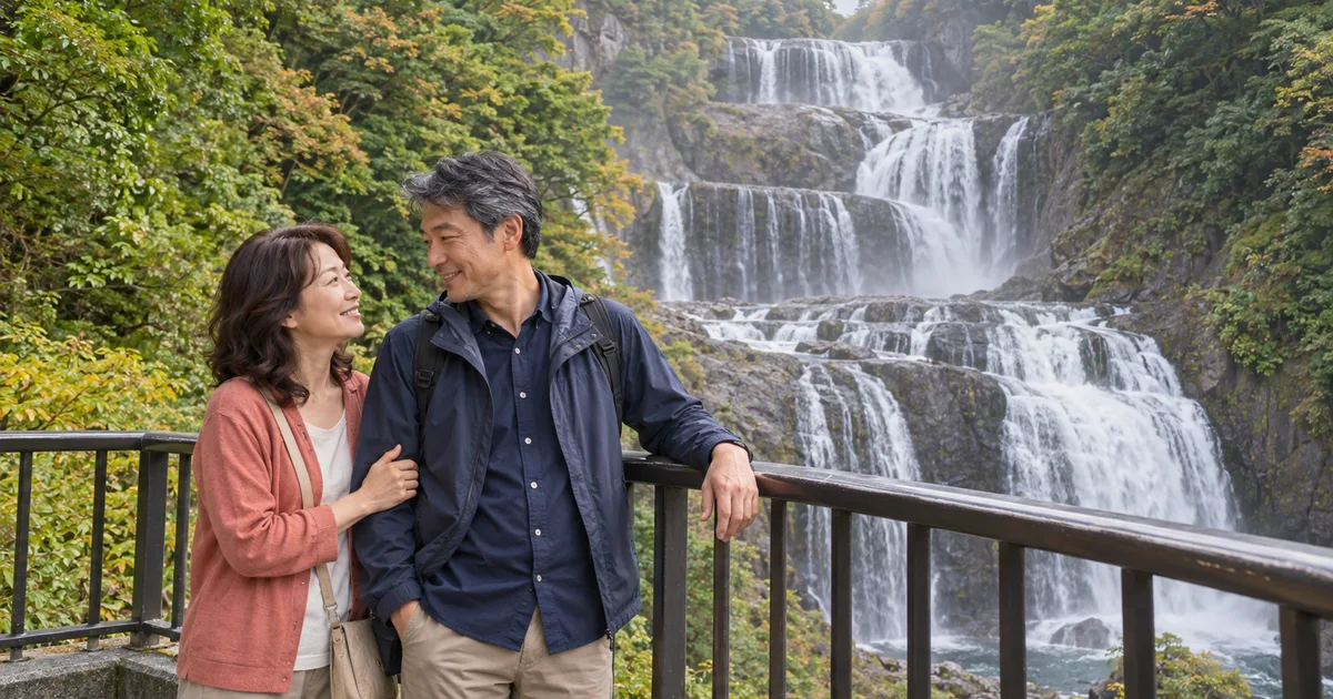 袋田の滝でデートを楽しむふたりをイメージしたAI画像