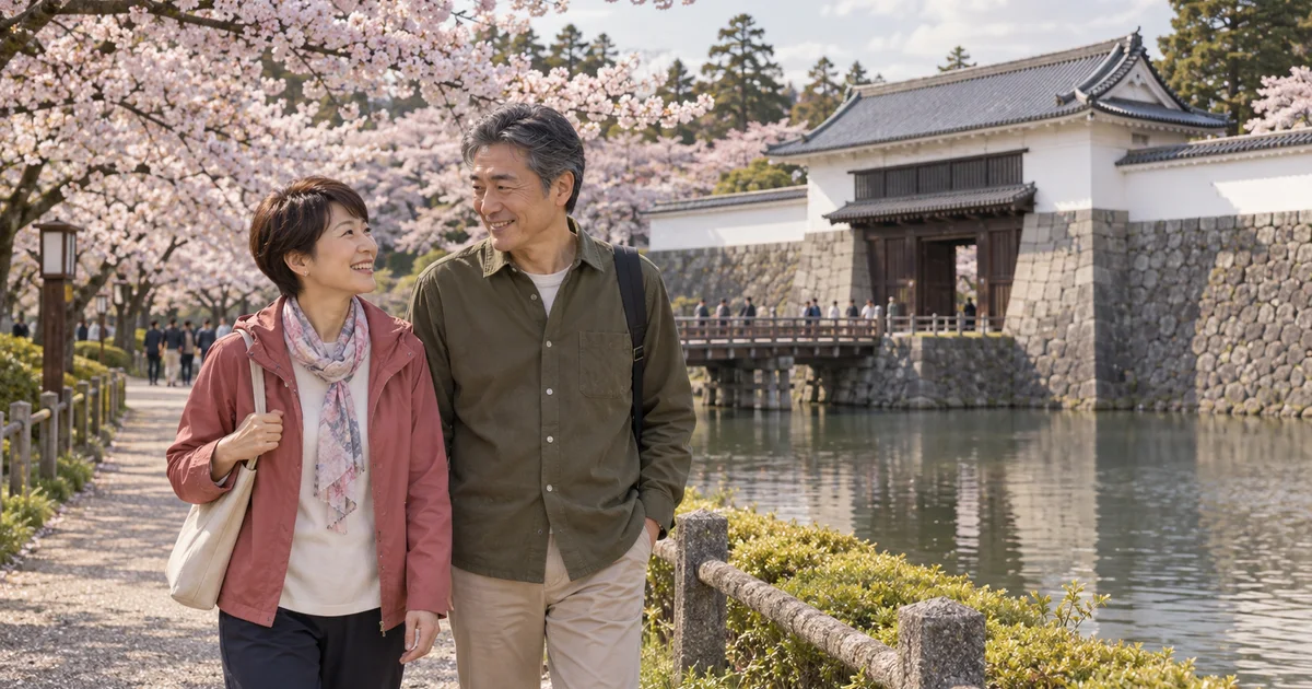 霞城公園でデートを楽しむふたりをイメージしたAI画像