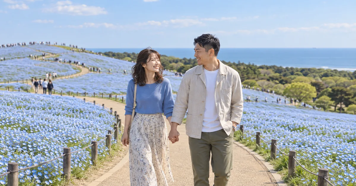 国営ひたち海浜公園でデートを楽しむふたりをイメージしたAI画像