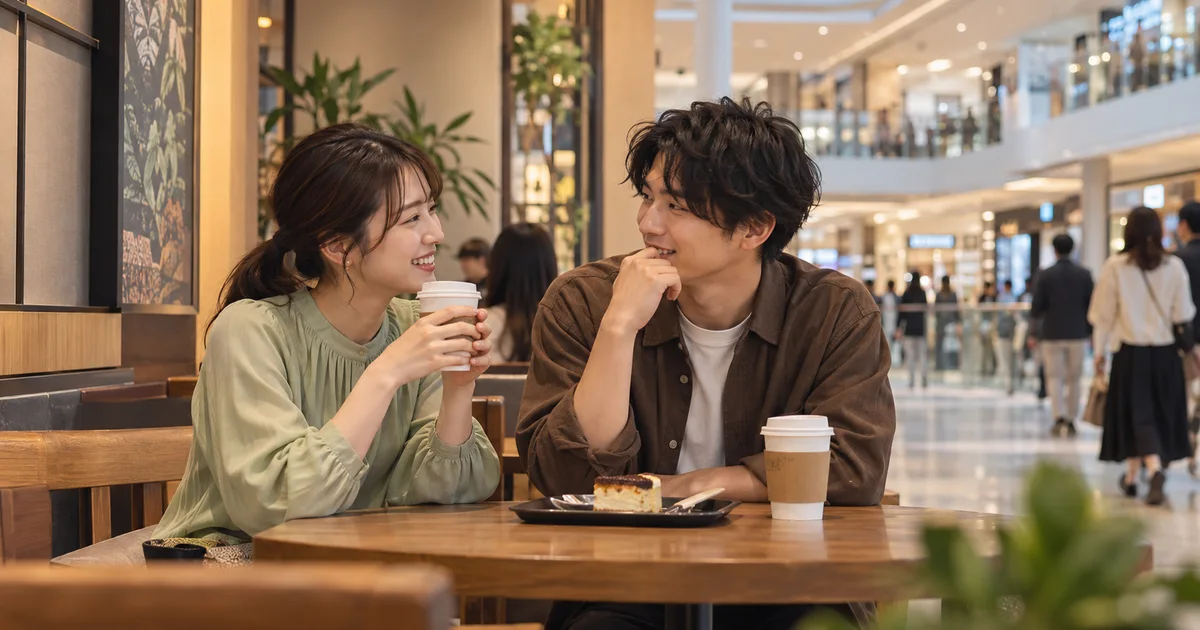 イオンモールKAGOSHIMA BAY（旧イオンモール鹿児島）でカフェデートを楽しむふたりのAIイメージ