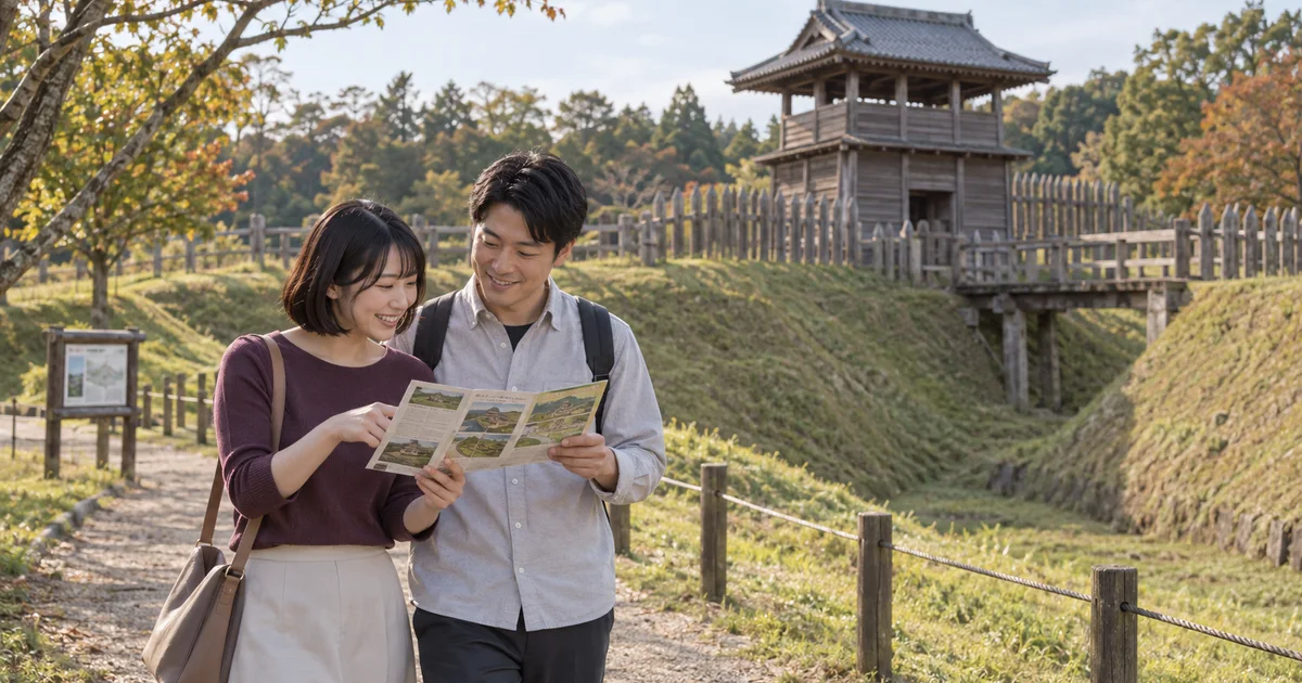 逆井城跡公園でデートを楽しむふたりをイメージしたAI画像