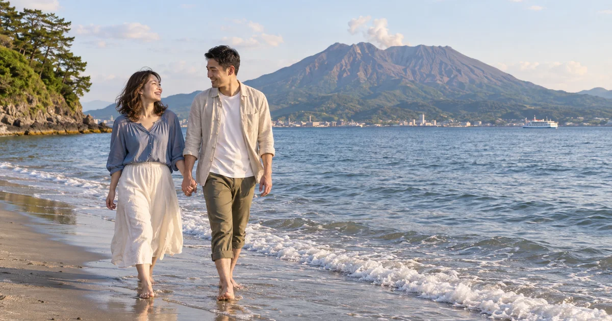 磯海水浴場でデートを楽しむふたりをイメージしたAI画像