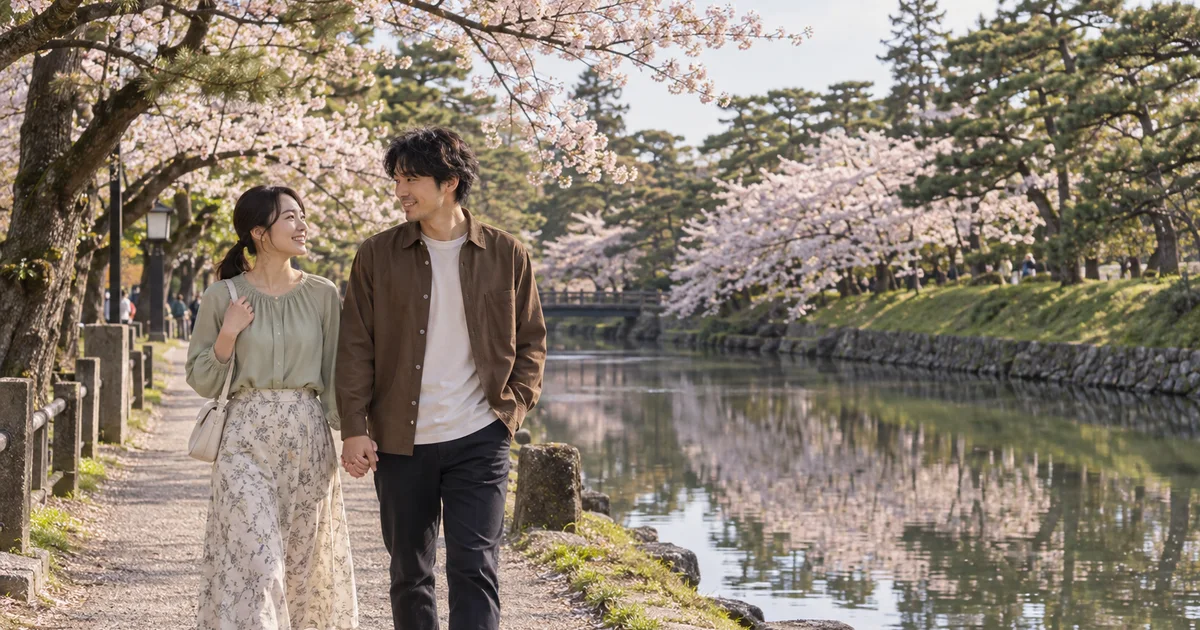 鶴岡公園でデートを楽しむふたりをイメージしたAI画像