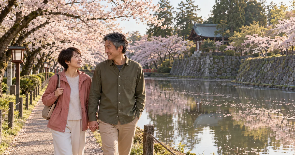 最上公園でデートを楽しむふたりをイメージしたAI画像