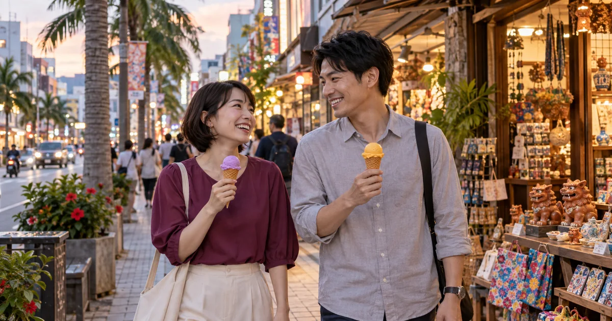 国際通りでデートを楽しむふたりをイメージしたAI画像