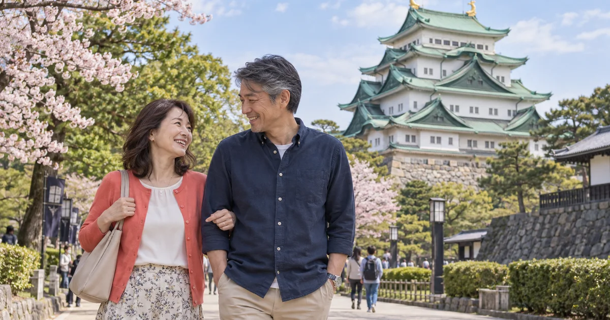 名古屋城でデートを楽しむふたりをイメージしたAI画像
