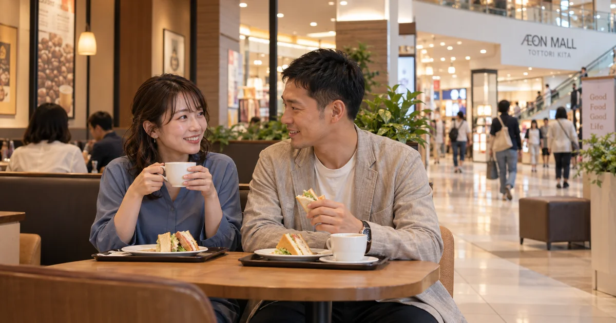 イオンモール鳥取北でデートを楽しむふたりをイメージしたAI画像