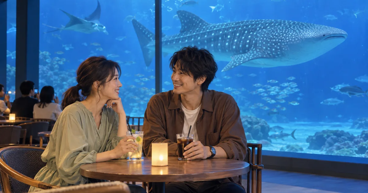 沖縄美ら海水族館でデートを楽しむふたりをイメージしたAI画像