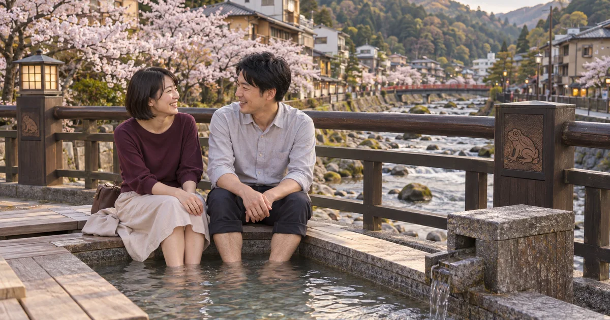 三朝温泉でデートを楽しむふたりをイメージしたAI画像