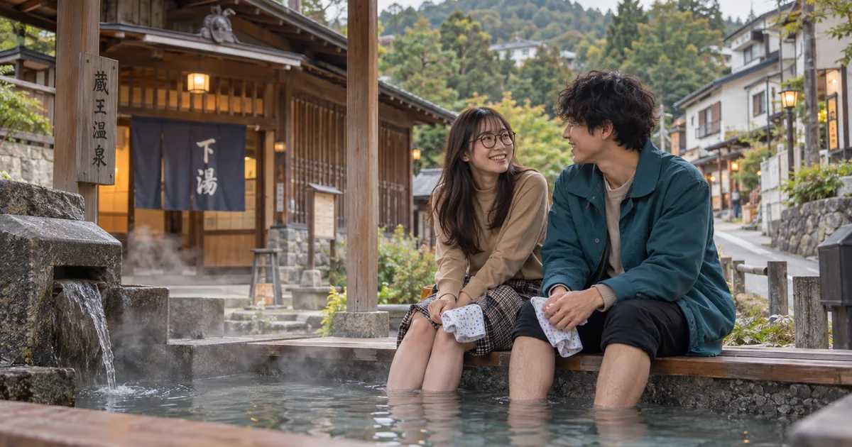 蔵王温泉でデートを楽しむふたりをイメージしたAI画像