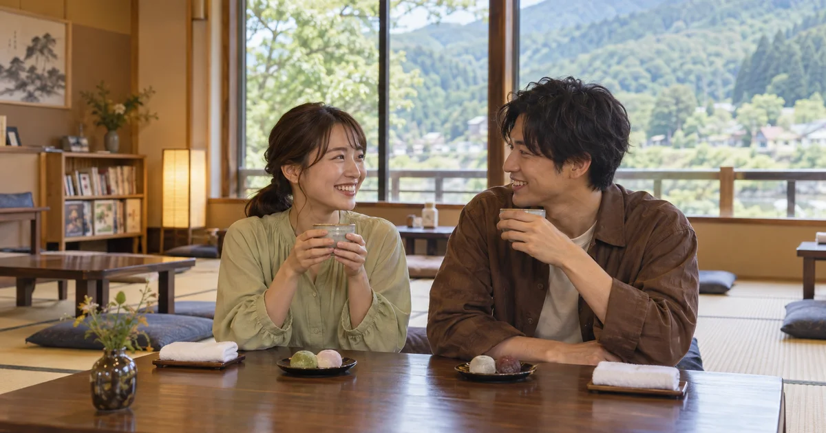 山辺温泉でデートを楽しむふたりをイメージしたAI画像