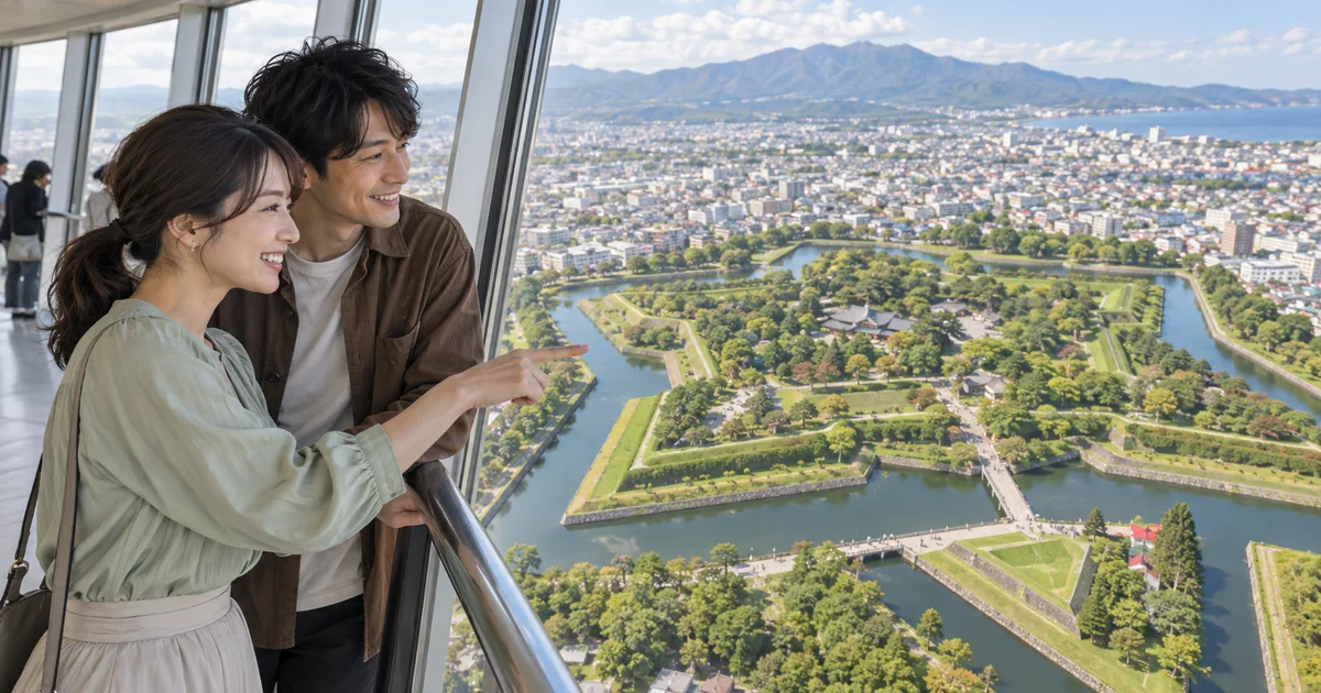 五稜郭タワーでデートを楽しむふたりをイメージしたAI画像