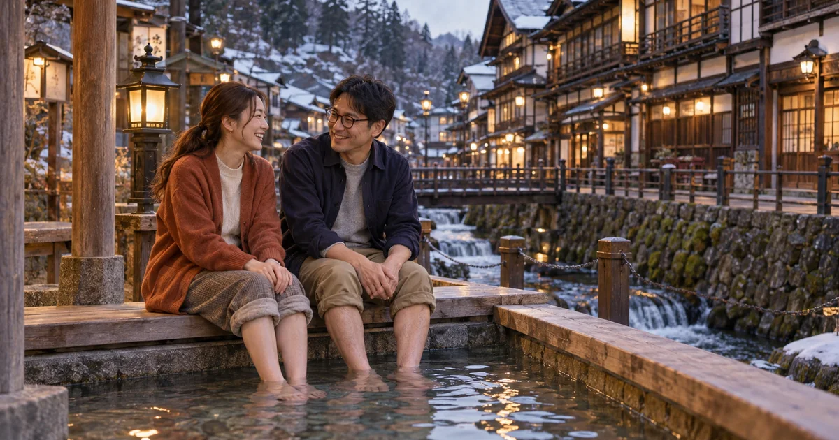 銀山温泉でデートを楽しむふたりをイメージしたAI画像