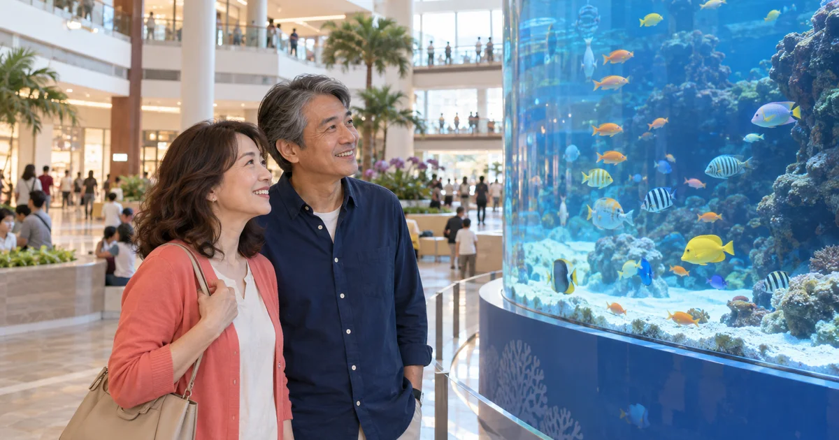 イオンモール沖縄ライカムでデートを楽しむふたりをイメージしたAI画像