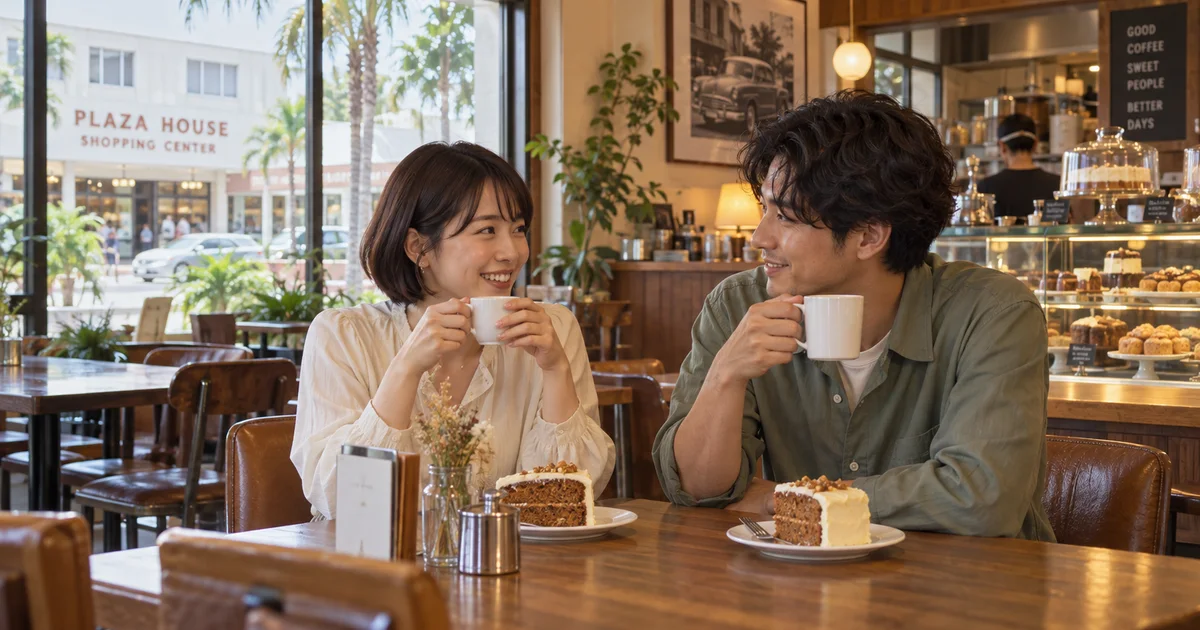 プラザハウスショッピングセンターでデートを楽しむふたりをイメージしたAI画像