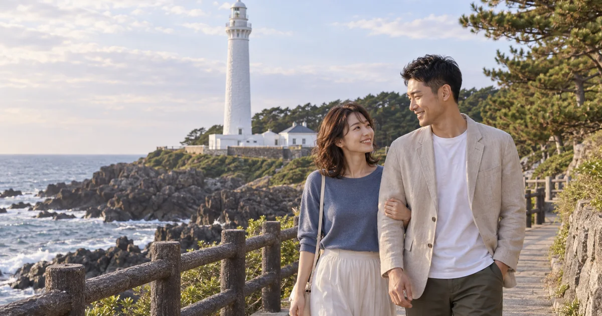 出雲日御碕灯台でデートを楽しむふたりをイメージしたAI画像