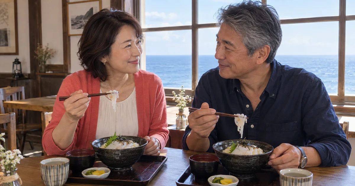 美保関灯台でデートを楽しむふたりをイメージしたAI画像