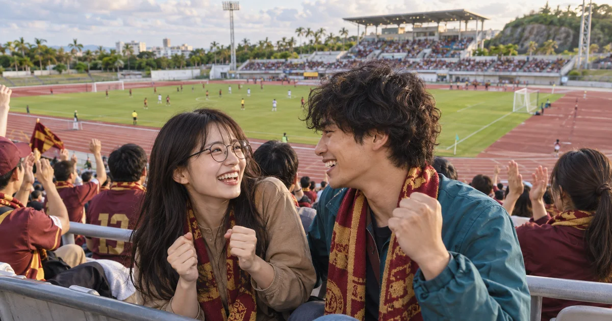 タピック県総ひやごんスタジアムでデートを楽しむふたりをイメージしたAI画像