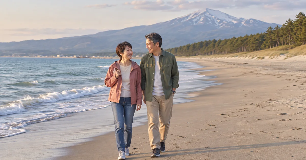 西浜海水浴場でデートを楽しむふたりをイメージしたAI画像